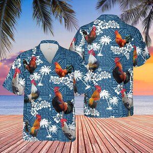 Rooster Blue Tribal Hawaiian Shirt – Tropical Beach Button-Up